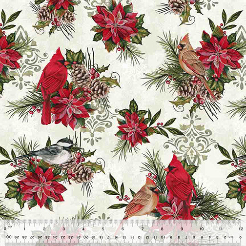 Holiday Greetings Winter Songbirds White Fabric