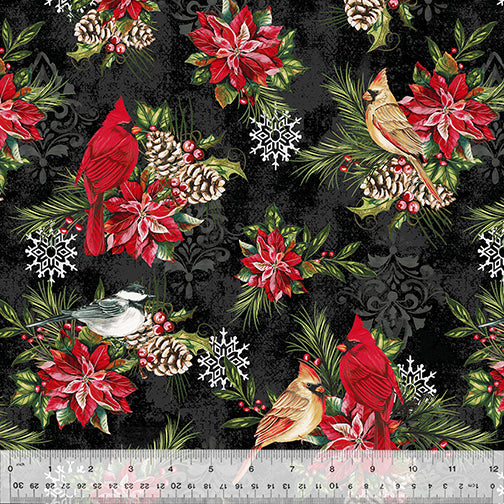 Holiday Greetings Winter Songbirds Black Fabric