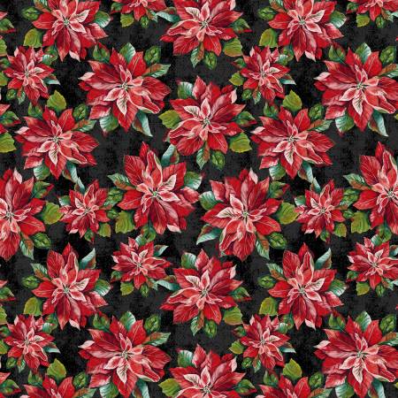 Holiday Greetings Poinsettias Black Fabric