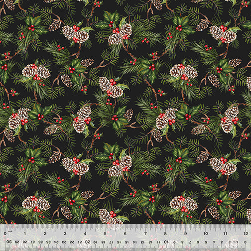 Holiday Greetings Holly Tree Black Fabric