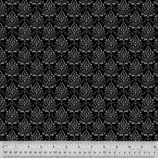 Holiday Greetings Damask Black Fabric