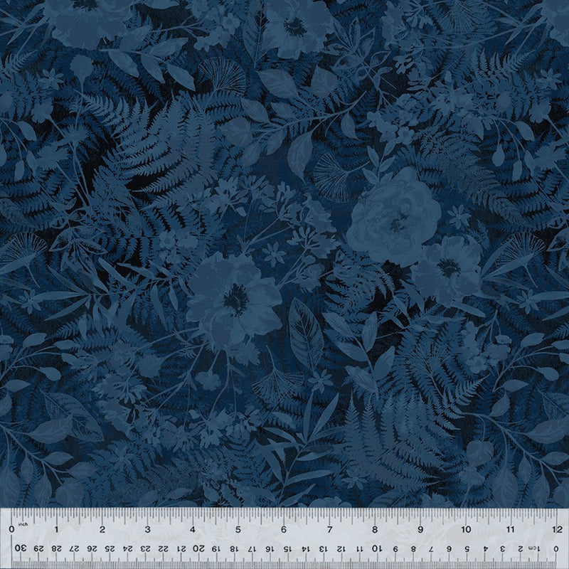 Botanical Blues Ink Flower Press Fabric