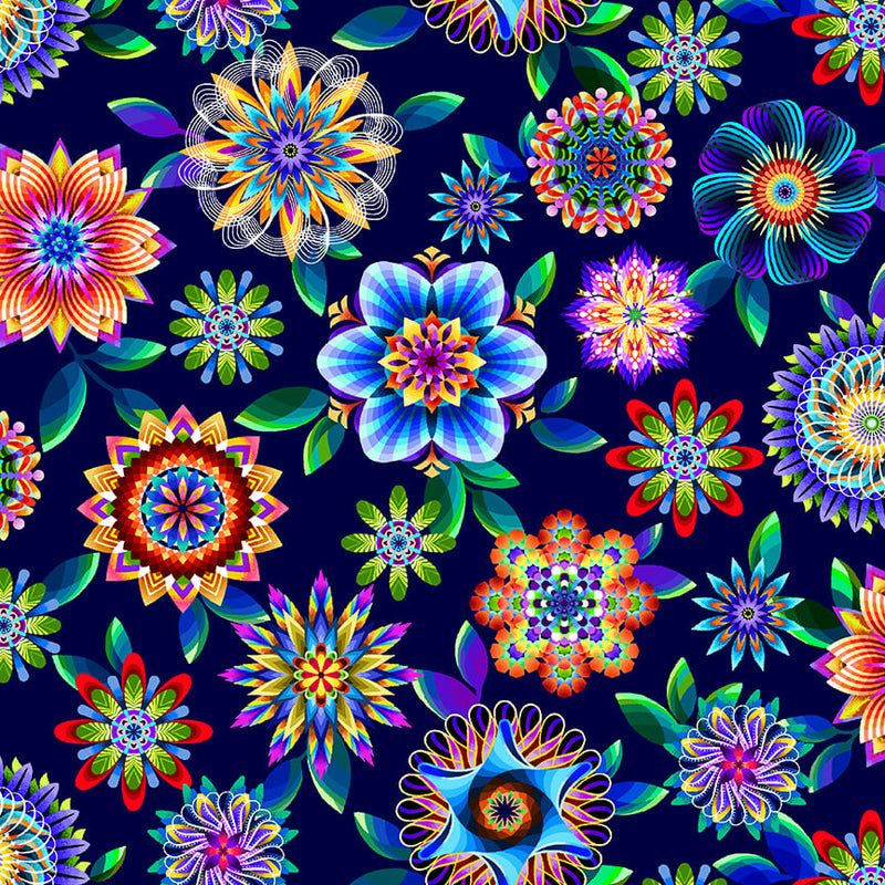 Fractal Flowers Flowers Allover Indigo Fabric