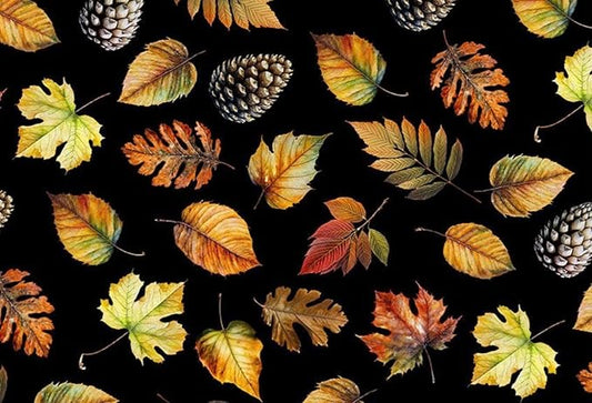 Animals - Timeless Treasures - Leaves and Pine Cones Black - Yardage