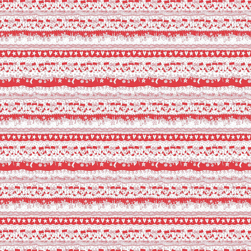 Redwork Christmas Red & Cream Novelty Stripe Fabric