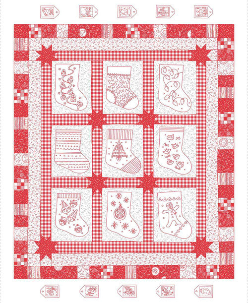 Redwork Christmas Embroidered Stocking Panel