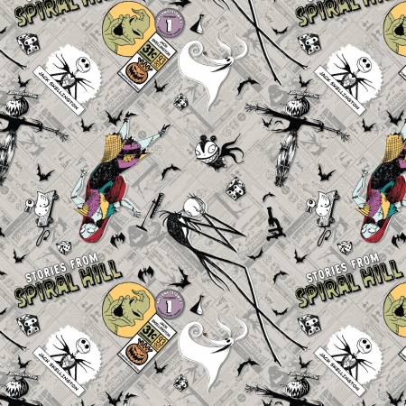 Nightmare Before Christmas Grey Creepy Comics Toss Fabric