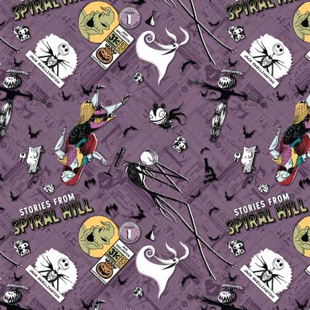 Nightmare Before Christmas Purple Creepy Comics Toss Fabric