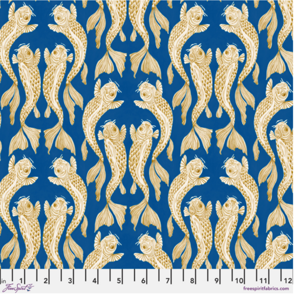 Water Garden Voyaging Koi Blue Fabric