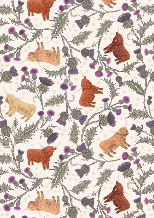 Highland cow and thistle on light cream - A873A - Lewis&Irene - Fabric
