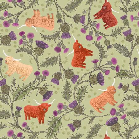 Highland cow and thistle on soft apple A873 B Lewis&Irene - Fabric