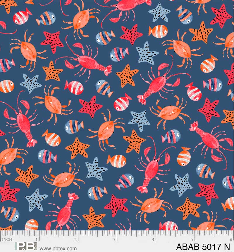 Ahoy Baby Fish & Lobster Toss Navy Fabric