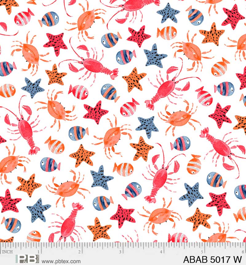 Ahoy Baby Fish & Lobster Toss White Fabric