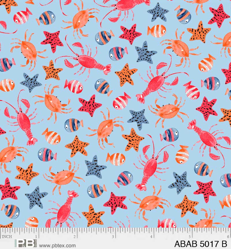 Ahoy Baby Fish & Lobster Toss Blue Fabric