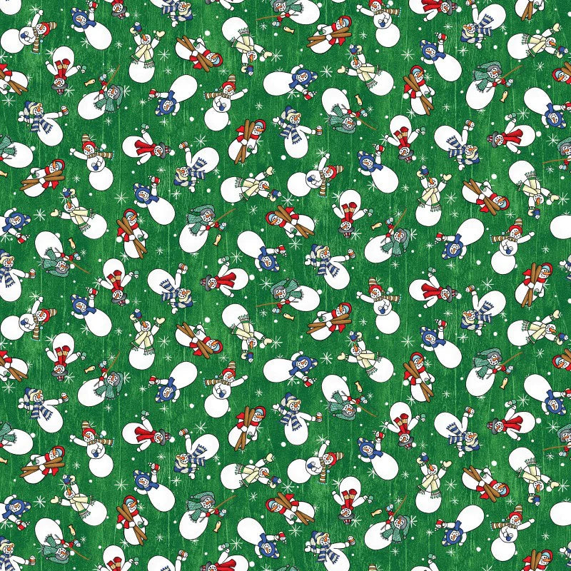 Jolly Lane Snowmen Allover Snowmen Green Fabric