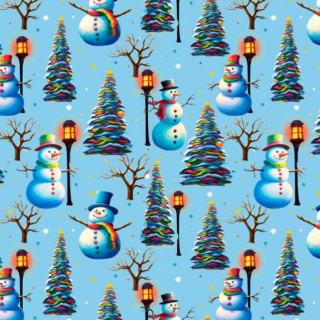 Frostykins || Lt. Blue Snowmen with Lamposts and Trees - 6 Inch repeat-  4268-70  - yardage