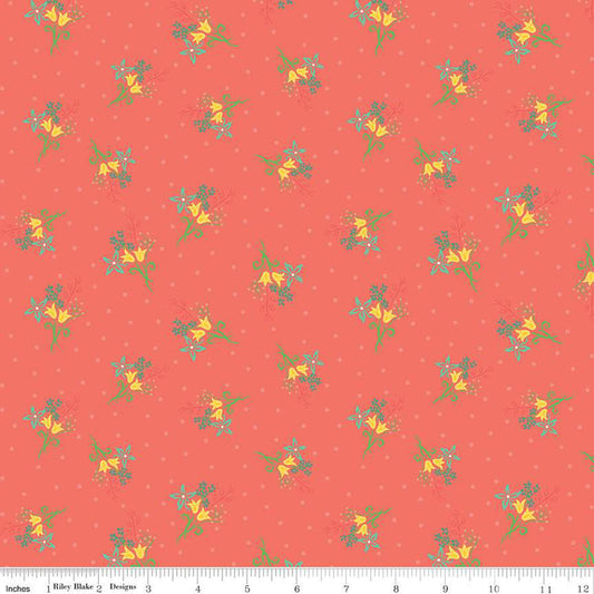 Gingham Cottage Scatter Floral Coral Fabric