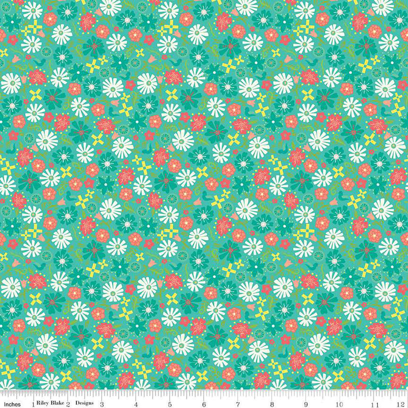 Gingham Cottage Flowers Sea Glass Fabric