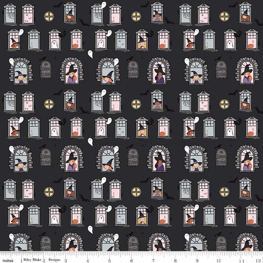 Spooky Schoolhouse Charcoal Witch School Yardage
