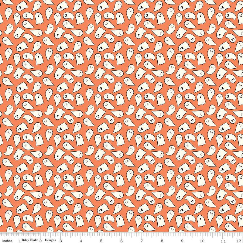 Spooky Schoolhouse Orange Ghosts Yardage