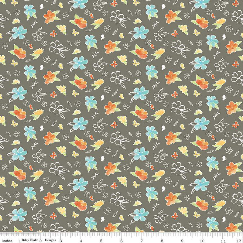 Happy At Home Flowers Gray Fabric