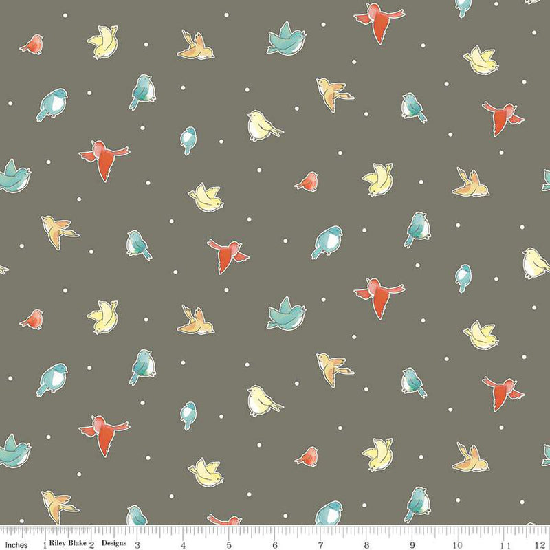 Happy At Home Birds Gray Fabric