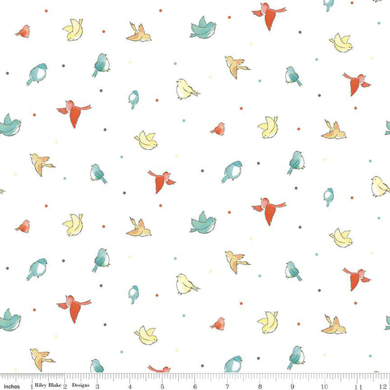 Happy At Home Birds White Fabric