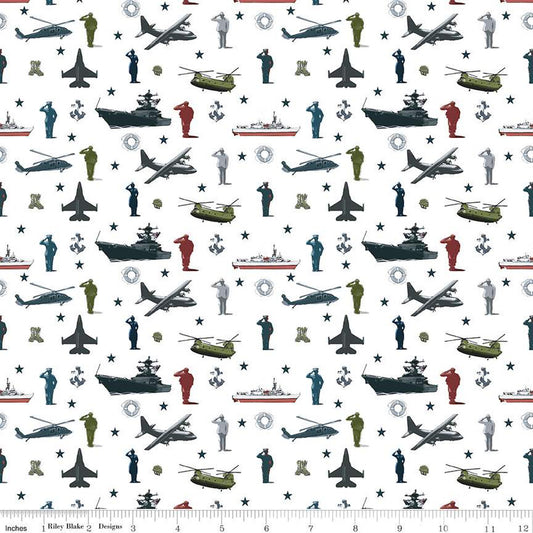 Riley Blake Coming Home Armed Forces Main White Fabric