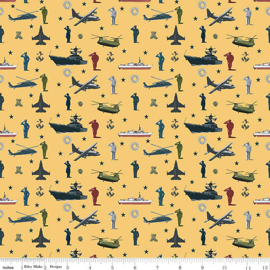 Riley Blake Coming Home Armed Forces Main Yellow Fabric