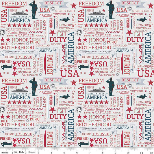 Riley Blake Coming Home Coast Guard Text Silver Fabric