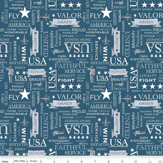 Riley Blake Coming Home Air Force Text Denim Fabric