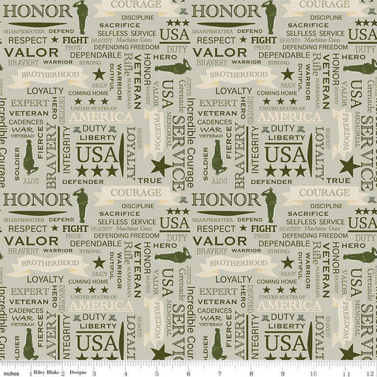 Riley Blake Coming Home Army Text Sage Fabric