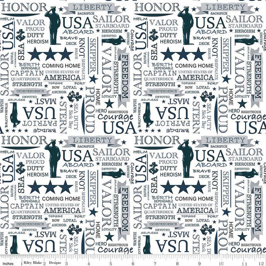 Riley Blake Coming Home Navy Text White Fabric