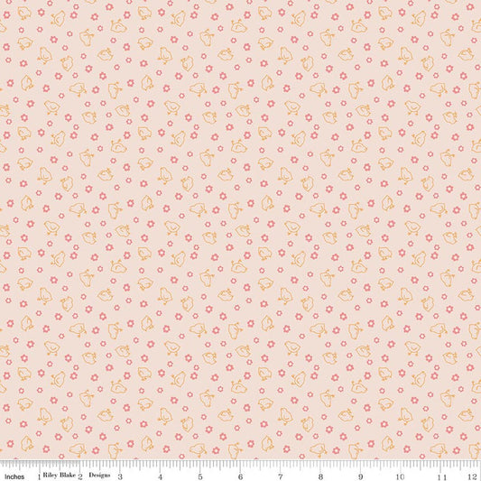 Farmer's Daughter - Baby Chicks Background - Coral - Yardage