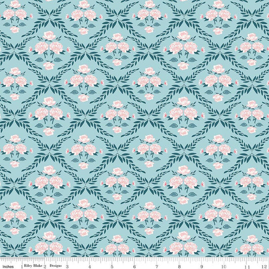 Correspondence - Trellis Damask - Aqua - Yardage