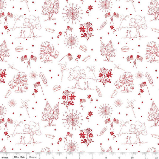 Firework Fields - Independence Toile - White - Yardage