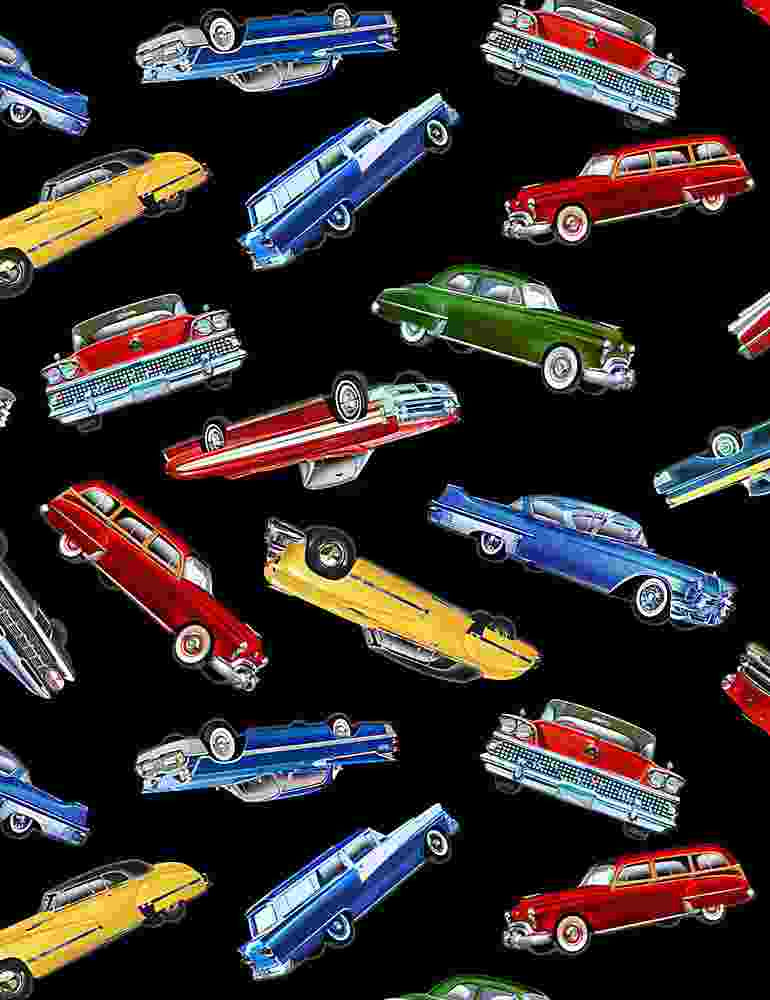 Route 66 Tossed Classic Cars Black Fabric