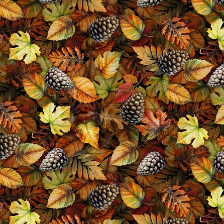 Animals - Timeless Treasures - Autumn Packed Fall Leaves - Black - Yardage