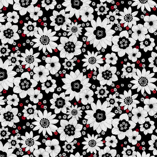 Crimson Royale - Packed Sketchy Flowers - Black / White - Yardage
