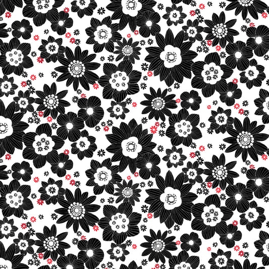 Crimson Royale - Packed Sketchy Flowers - White / Black - Yardage
