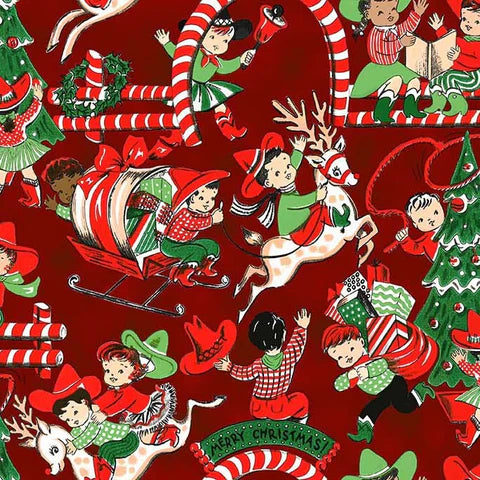 Christmas Rodeo Christmas Village Burgundy Fabric