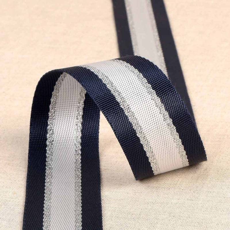 Metal Poly Webbing 1 9/16" Navy, White & Silver