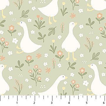 Silly Goose Goose & Flowers Pale Sage Multi Fabric
