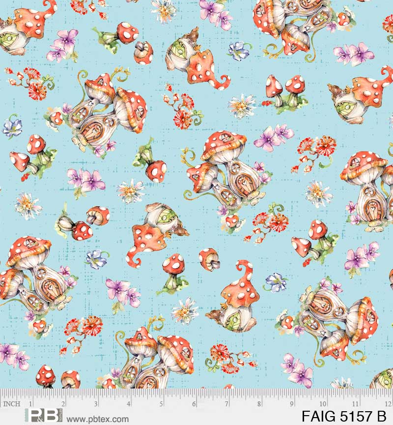 Fairy Garden Tossed Mushrooms Blue Fabric