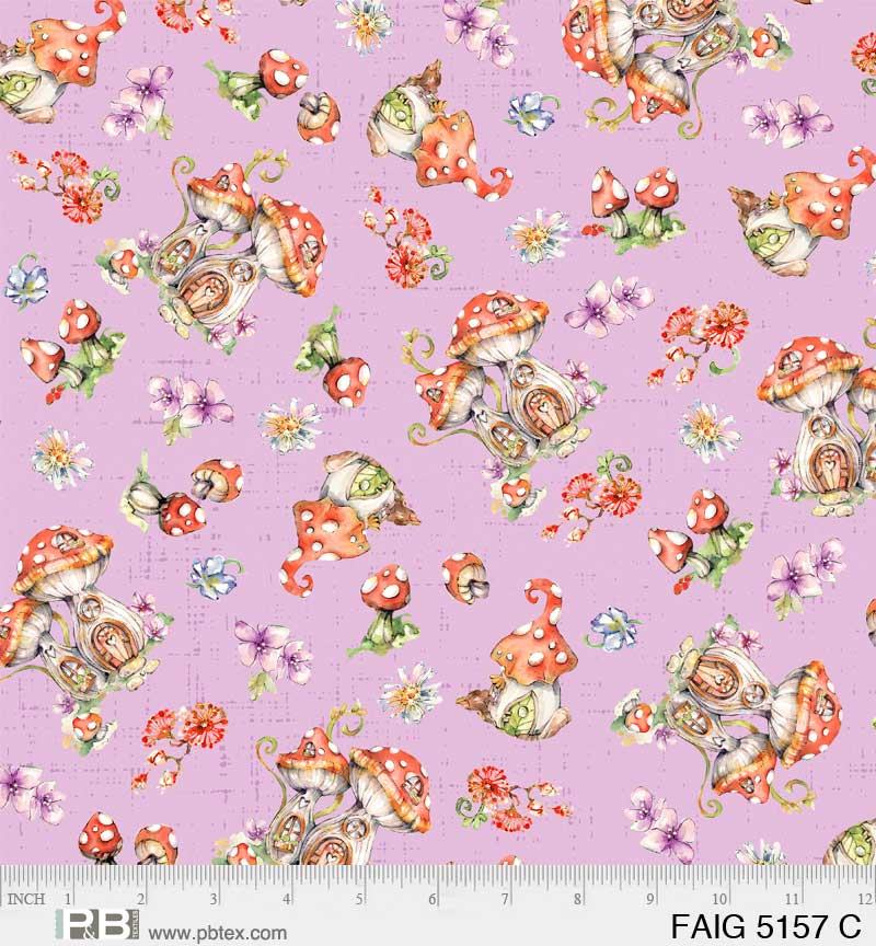 Fairy Garden Tossed Mushrooms Purple Fabric