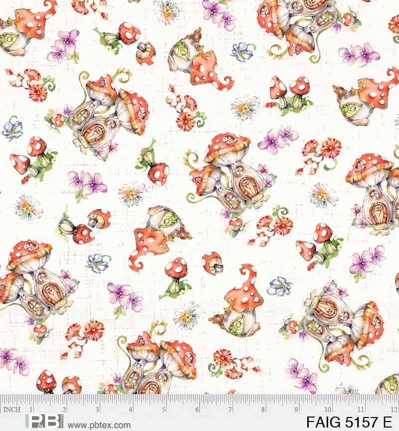 Fairy Garden Tossed Mushrooms White Fabric