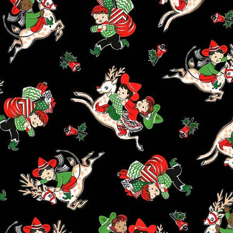 Christmas Rodeo Giddyup Reindeer Black Fabric