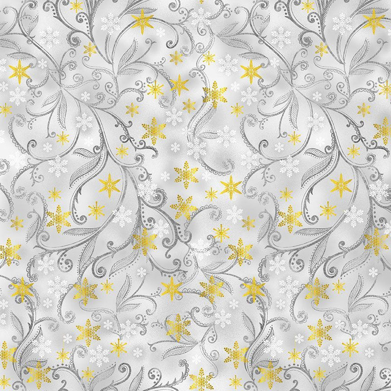 Silver & Gold Metallic Leafy Vines & Snowflakes Dove Fabric