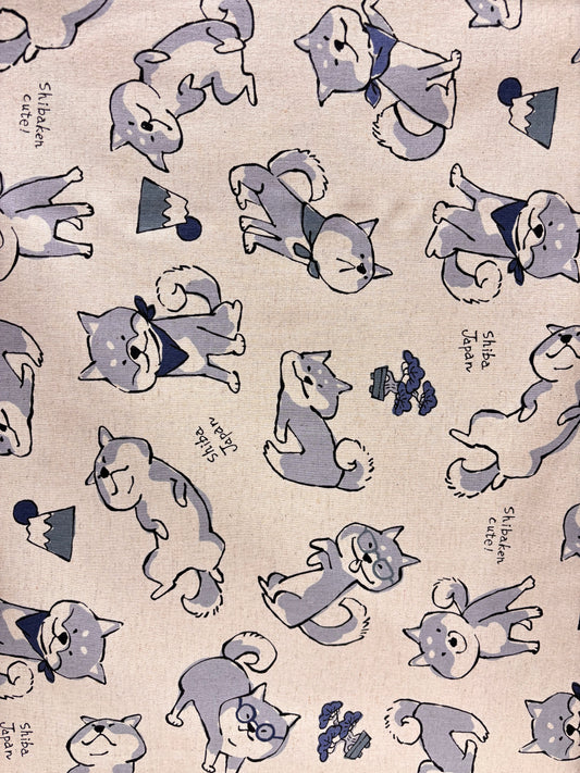 Doodle Animals Shiba Inu Cotton Linen Canvas - Beige - Yardage