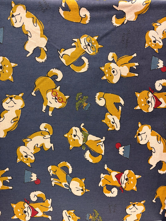 Doodle Animals Shiba Inu Cotton Linen Canvas - Navy - Yardage
